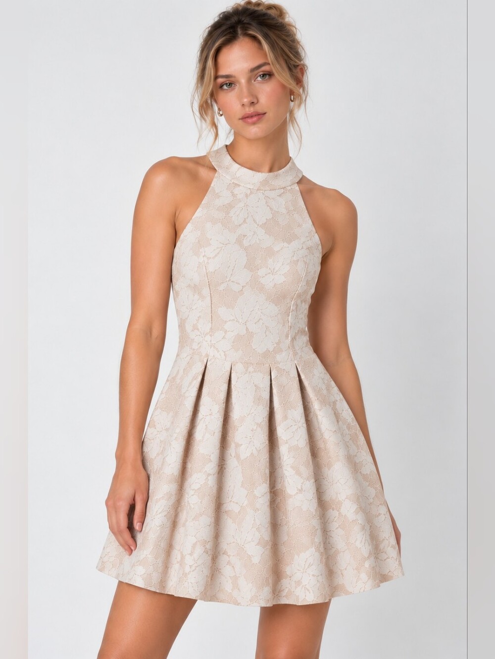 Mystic | Halter top Lace leaf print Skater dress SMALL
